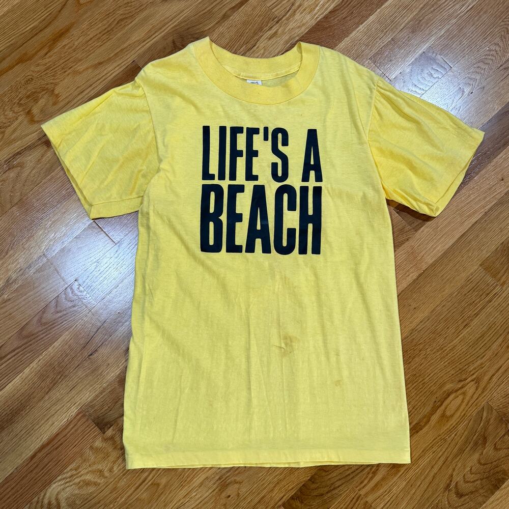 Lifes A Beach T-Shirt Mens M Yellow Single Stitch Vintage 80s Surf Made in USA